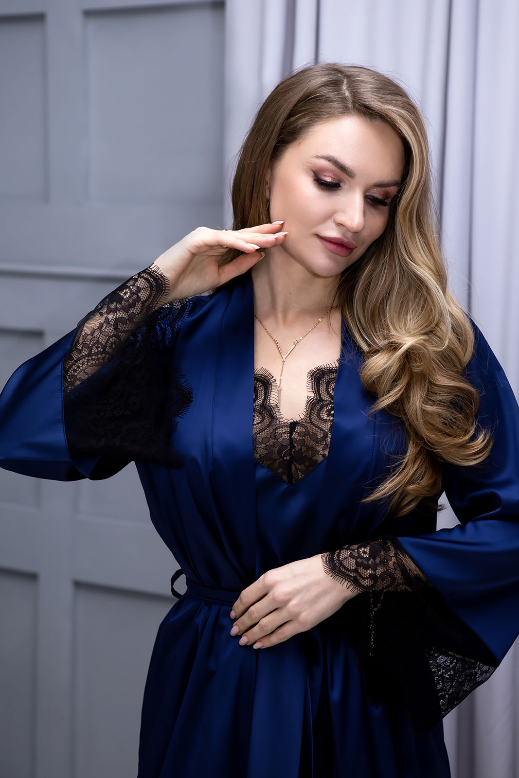 Халатик шовковий Magnolia Navy - Зображення 2